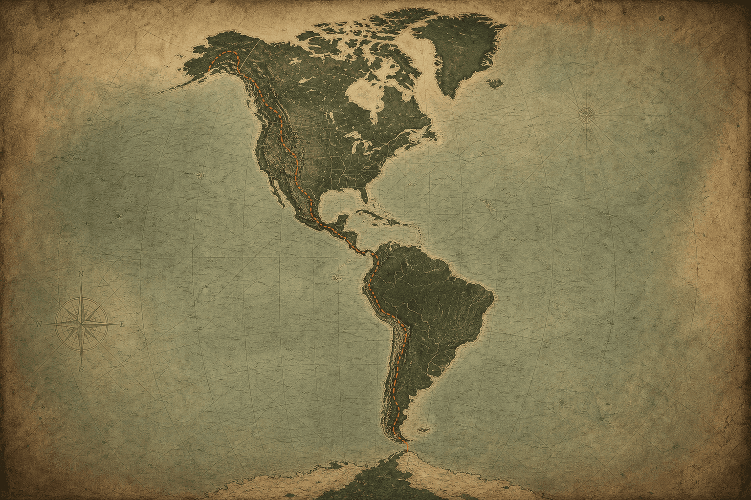 Map of the Americas, expedition route from Antarctica to Alaska